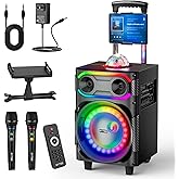 EYTSE Karaoke Machine for Adults with 2 Wireless Microphones Portable Party Speaker BT PA System with Disco Ball LED Lights, Tablet Lyrics Display Holder, Remote Control, Rolling Wheels and Trolley