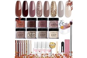 AZUREBEAUTY 30Pcs Dip Powder Nail Kit Starter with Nail Sticks, 8 Colors Fall Winter Nude Brown Glitter, Dipping Powder Liquid Set with Matte/Base/Top Coat Activator for French Manicure Salon