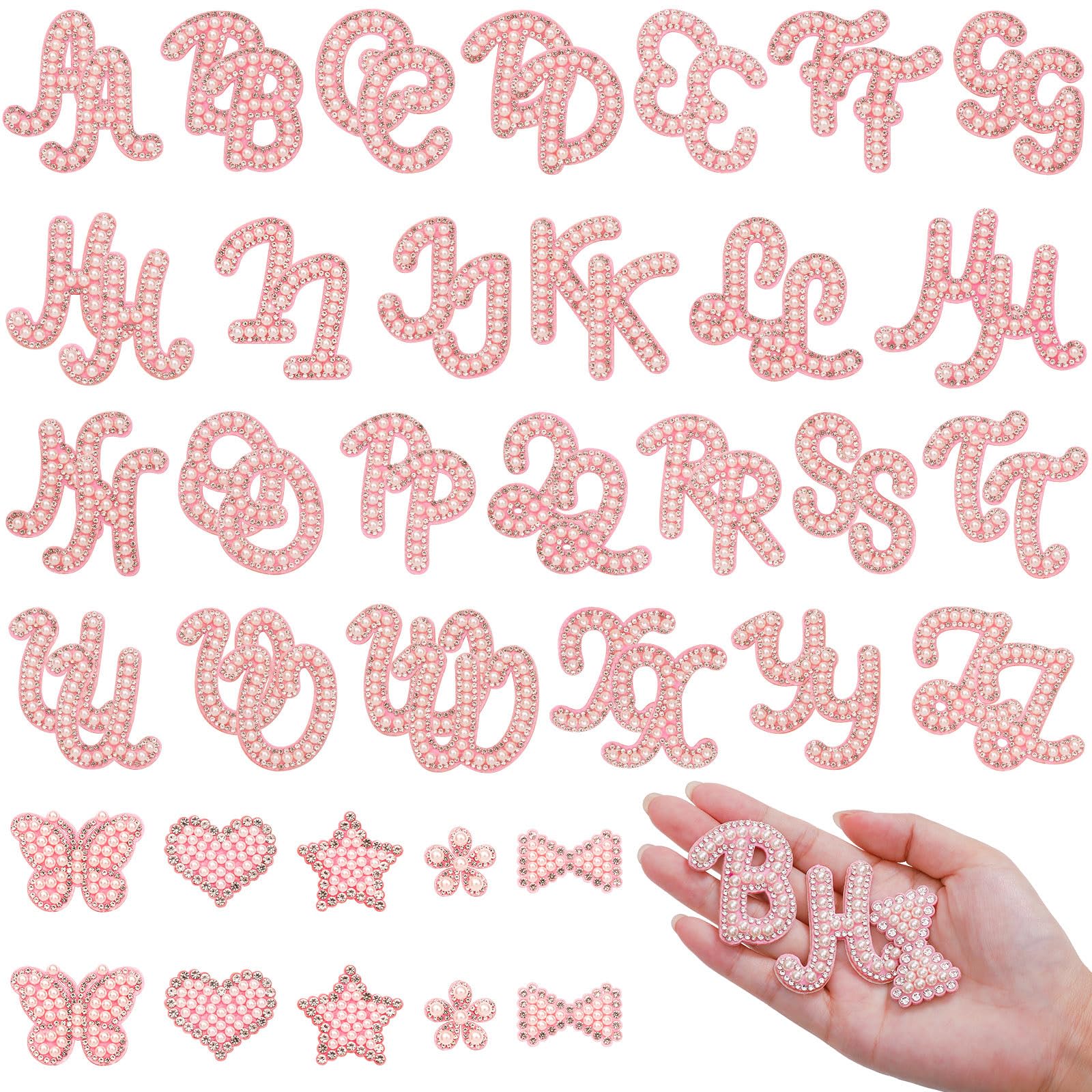 Photo 1 of 62Pcs Self Adhesive Pearl Letter Patches (A-Z) Star Butterfly Heart Bowknot Flower Glitter Pearl Letter Patches Rhinestone Applique for DIY Clothes, Bags, Shoes Pink