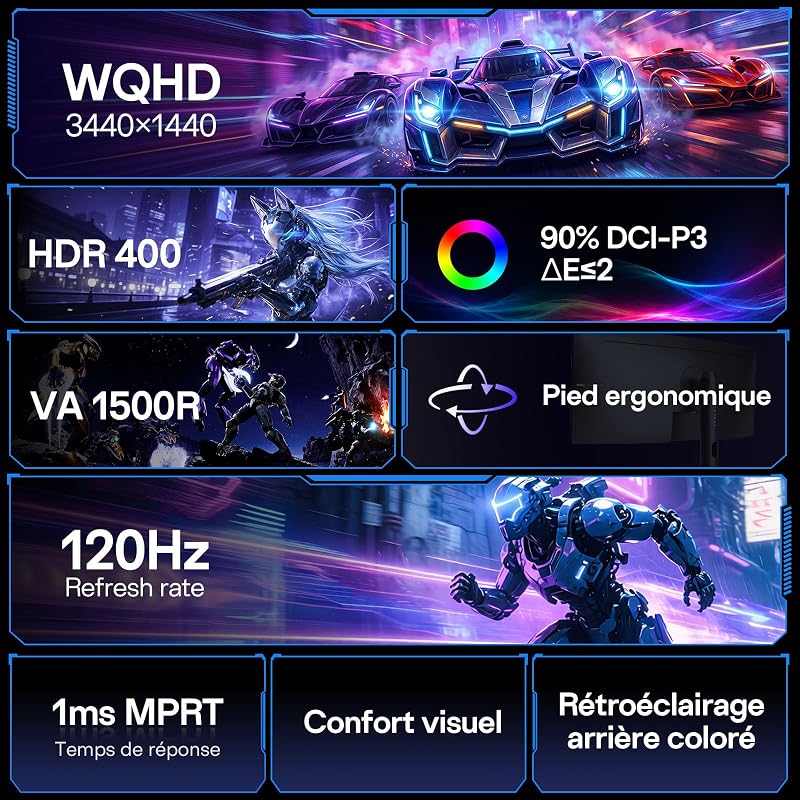 34 Pouces Écran Gamer Incurvé UWQHD 120Hz,Dalle VA 1500R,1ms MPRT