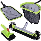 Sepetrel 4-Piece Deluxe Pool Cleaning Kit, No Pole | No pole, professional leaf skimmer, half-depth fine mesh net, 17.5-inch hemispherical brush and rotatable scrubber