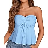 Tube Tops for Women Strapless Tie Front Ruched Tops Peplum Flared Hem Casual Bandeau Top