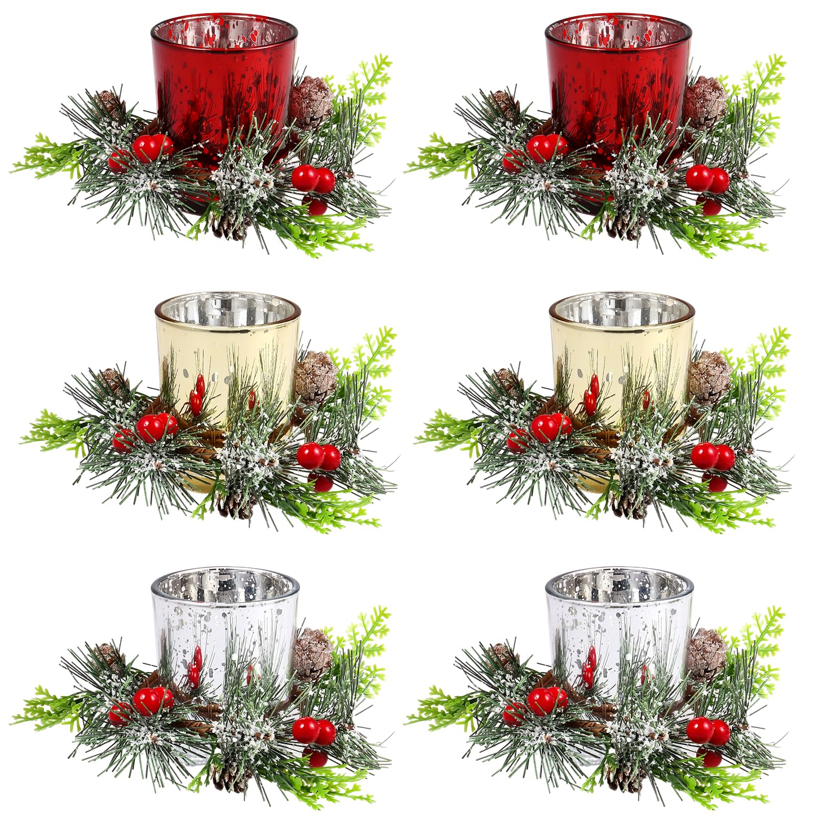 Photo 1 of ?12 PCS Christmas Candle Rings with Glass Tealight Holders Red Berry Pinecones Wreaths Artificial Berries Snowy Pine Garland Candle Ring Holder for Wedding Xmas Table Centerpieces Tabletop Decor