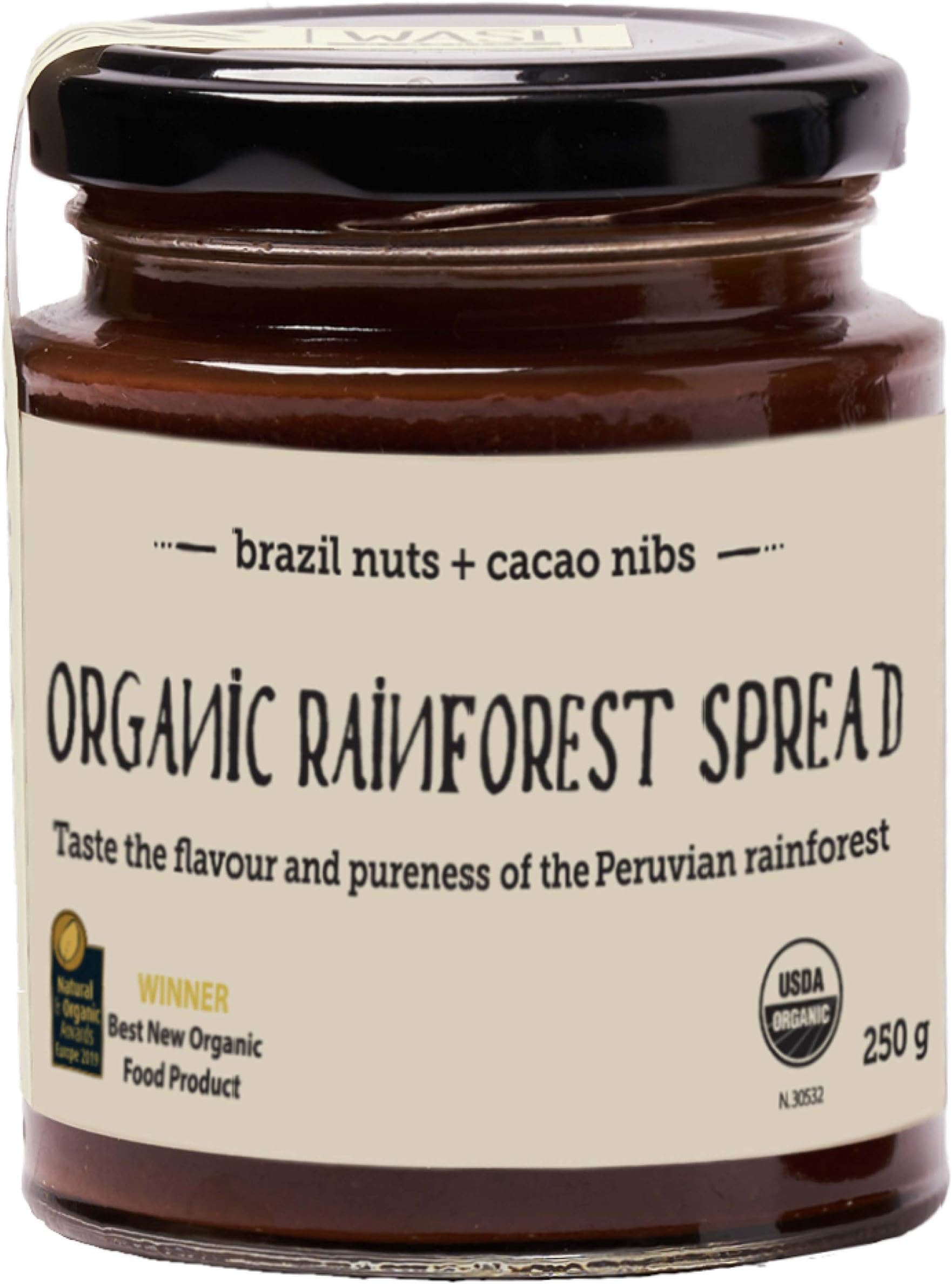 Wasi Organics Organic Rainforest Spread ( brazil nuts and cacao nibs ) 8.8 oz ( 250 g) Glass Jar (Pack of 8)