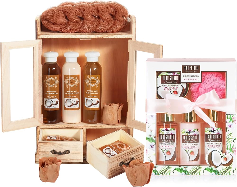 BRUBAKER 15 Piece Beauty Wellness Gift Set Coconut Strawberry Wood Cabinet