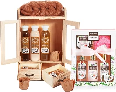 BRUBAKER 15 Piece Beauty Wellness Gift Set Coconut Strawberry Wood Cabinet