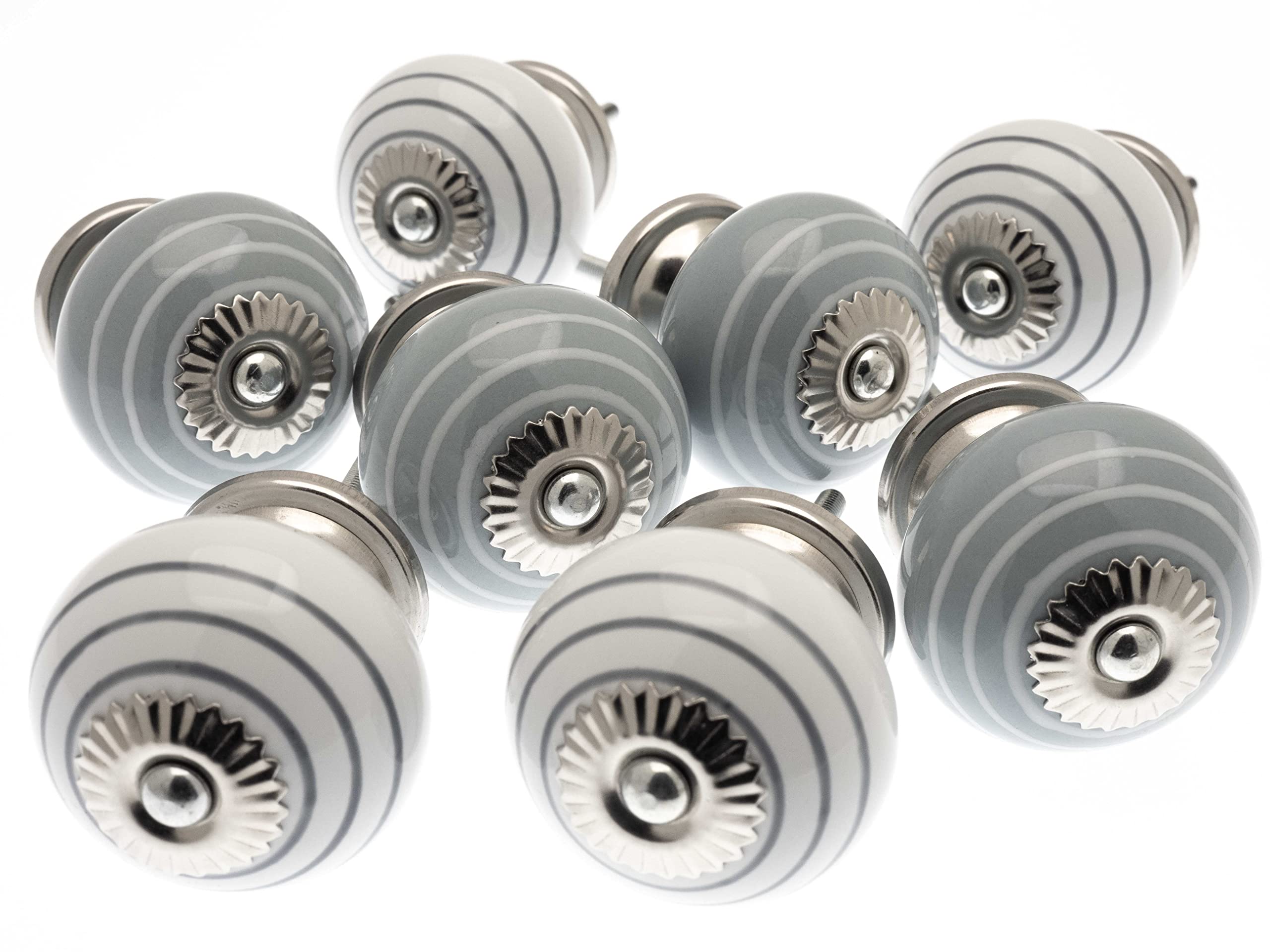 Mango Tree Cupboard Knobs - Decorative Grey and White with Stripes Ceramic Door and Drawer Handles – Vintage Home Décor Set of 8