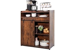 ALBAD Coffee Bar Cabinet/Table, 32" Buffet Sideboard with Sliding Barn Door and Storage Shelves, Farmhouse Wood Kitchen/Accent Storage Cabinet Brown Walaut