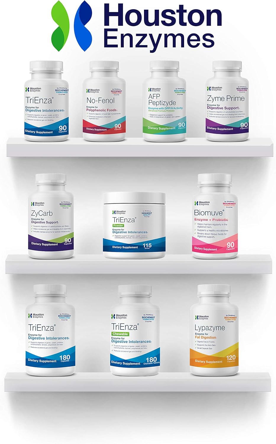 Houston Enzymes TriEnza – 180 Capsules (90 Doses) | Broad-Spectrum Enzymes for Digestive Intolerances | Supports Digestion of Gluten, Casein, Soy, Proteins, Carbohydrates, Sugars, Fats & Polyphenols: Health & Personal Care