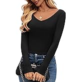 kakola Deep V Neck Tops for Women Ribbed Basic Cotton Long Sleeve T Shirt Sexy Fitted Going Out Top 2025 Fall
