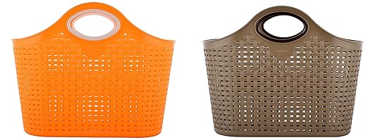Nakoda Plastic Hand-Powered Storage Basket (EHP009, 7 cm x 11 cm x 7 cm, Orange and Brown, Pack of 2)