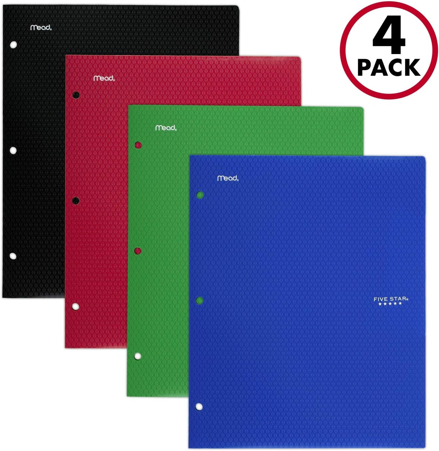 Five Star 2 Pocket Folders, Stay-Put Folders, Plastic Colored Folders with Pockets & Prong Fasteners for 3-Ring Binders, For Home School Supplies & Office, 11” x 8-1/2”, Assorted, 4 Pack (38049)