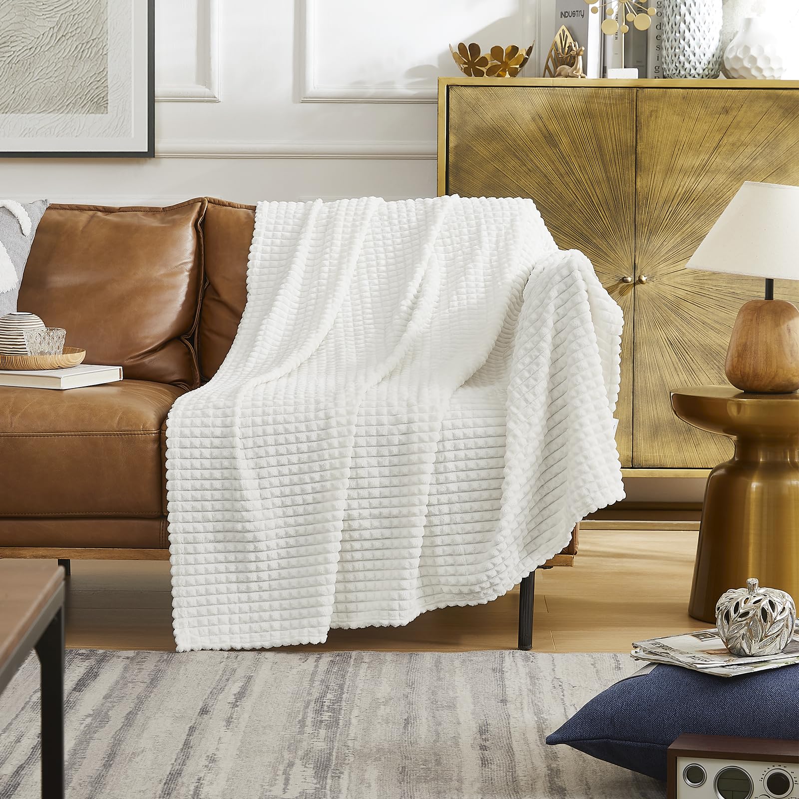 KASYLAN Super Soft Flannel Fleece Throw Blanket Grid Jacquard Decorative Warm Cozy Blanket for Sofa, Couch, Bed, Camping, Travel, Suitable for All Seasons(White, 127x152cm) — image 1