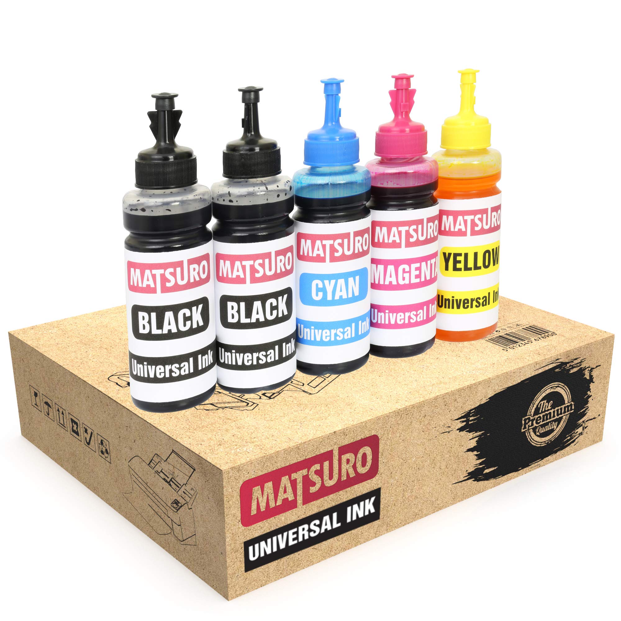 Matsuro Original | Compatible Universal Refill Ink Bottles Replacement for CANON HP EPSON BROTHER LEXMARK DELL RICOH (5 x 100 ml | 1 SET + 1 BLACK)