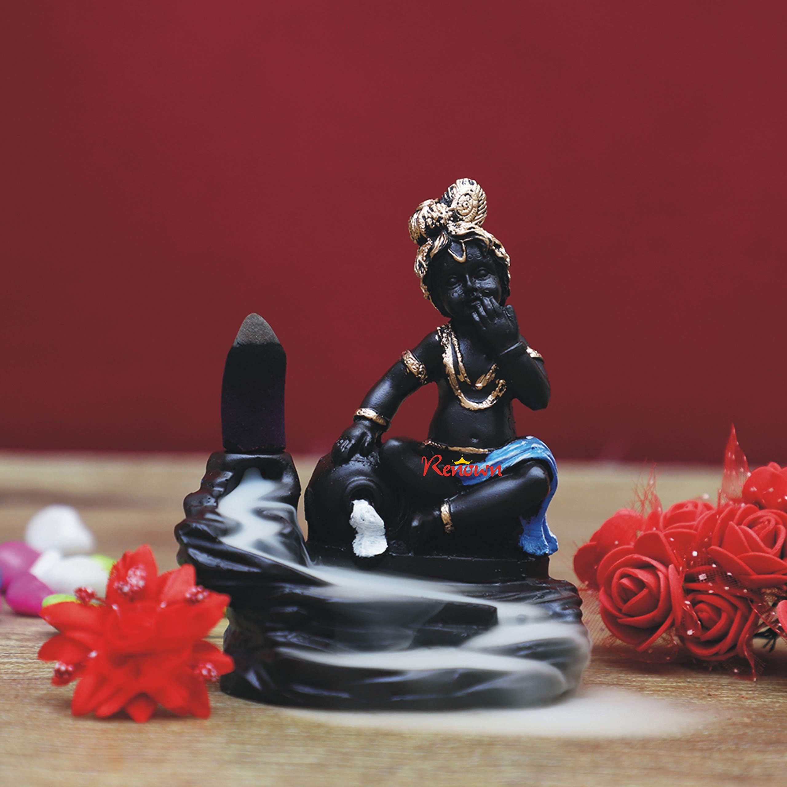 Renown Polyresin Attractive Krishna Smoke BackFlow Incense Cone Decorative Showpiece with 10 Incense Cones (Blue)