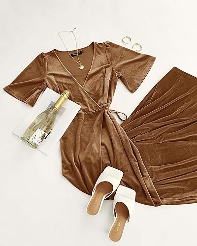 MEROKEETY Women's V Neck Wrap Velvet Maxi Wedding Guest Dress Bell Sleeve  Split Bridesmaid Cocktail Party Formal Dresses, Golden, XL in Dubai - UAE |  Whizz Dresses