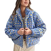 Keeliya Womens Checkered Sherpa Jacket Cropped Long Sleeve Plaid Fleece Coats Casual Zip Up Gingham Outwear with Pockets