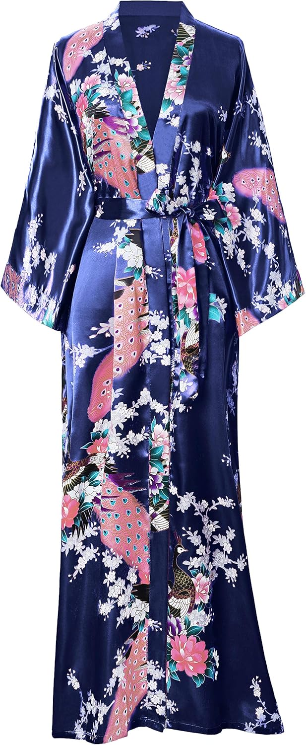 BABEYOND Women's Kimono Robe Long Robes with Peacock and Blossoms Printed Kimono Nightgown
