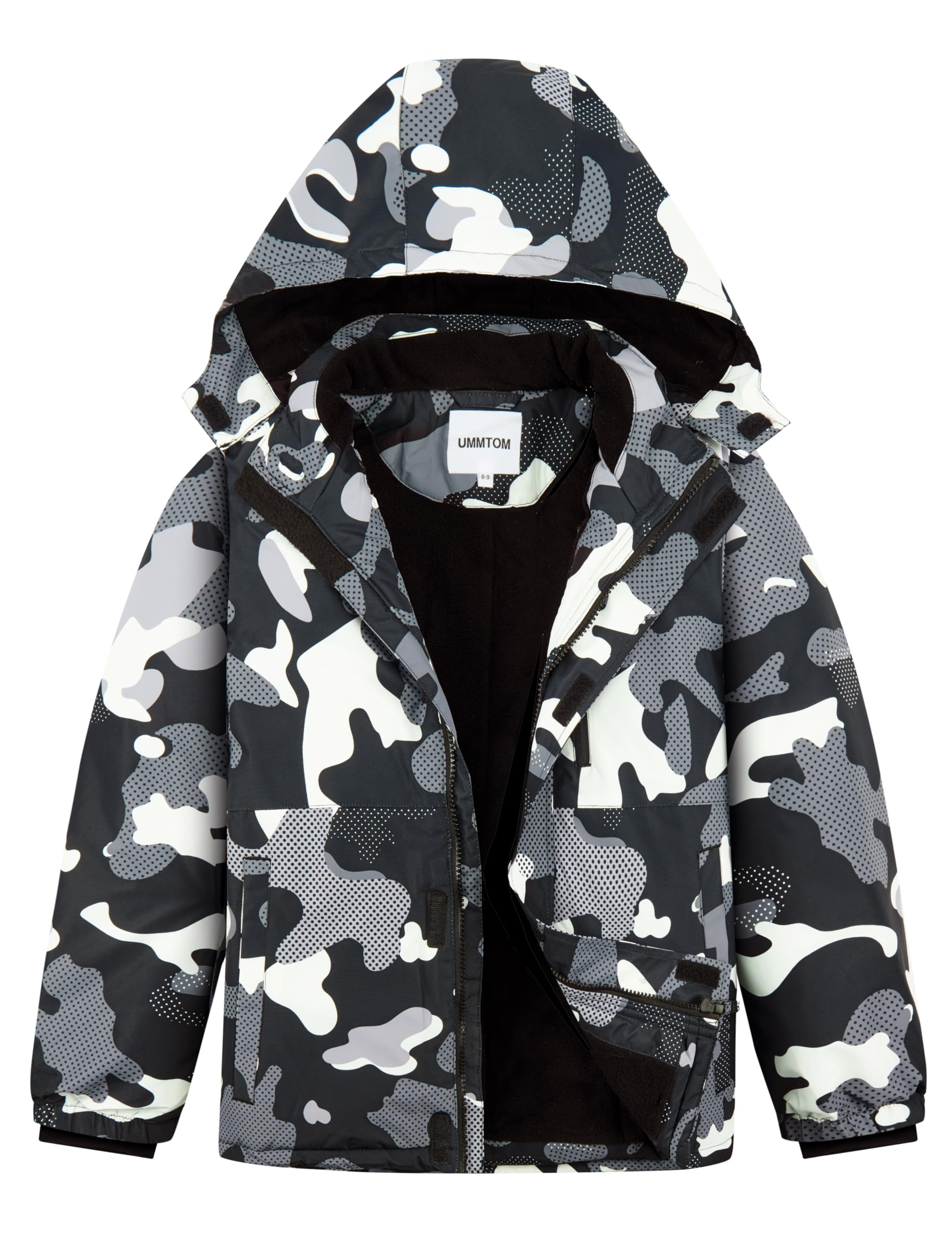 UMMTOM Boys Waterproof Ski Jacket Fleece Lined Warm Winter Snow Coat Hooded Winter Jacket for Kids(Camo Black,5-6) Image