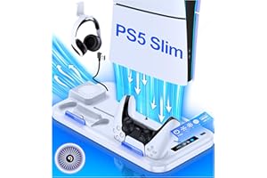 EXTREMECOOL PS5 Slim Stand and Turbo Cooling Station with Controller Charging Station for Playsation 5 Slim Disc Digital Console, PS5 Accessories Incl. 3 Levels Cooling Fan, Charging Dock, USB HUB, Headset Holder
