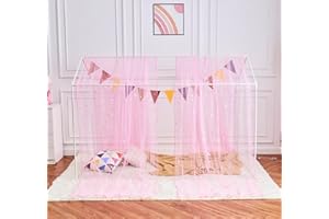 WANFASO Pink Horse Canopy Bed Curtains with Lights, Princess Bed Canopy for Girls Kids Room Decor, Sheer Twin Bed Canopy Curtains Scarf (2 Panel)