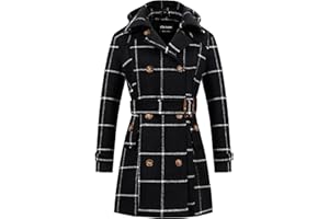 Chrisuno Women's Double Breasted Pea Coat Hooded Long Winter Trench Coat