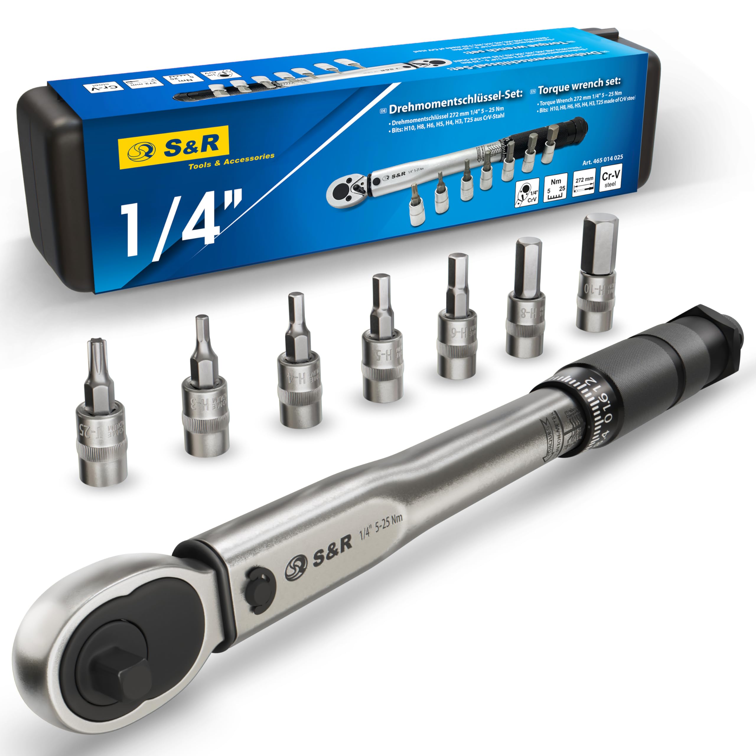 S&R Torque Wrench Set 1/4', 272 mm, 5-25 Nm with 7 bits: H10, H8, H6, H5, H4, H3, T25 Made of CRV Steel for Bike