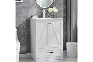 Aitjunz 24" Farmhouse Bathroom Vanity with Sink, Modern Standing Bathroom Vanity Sink Cabinet with Large Storage Drawer, Barn Door, Soft Closing & Metal Handle, White