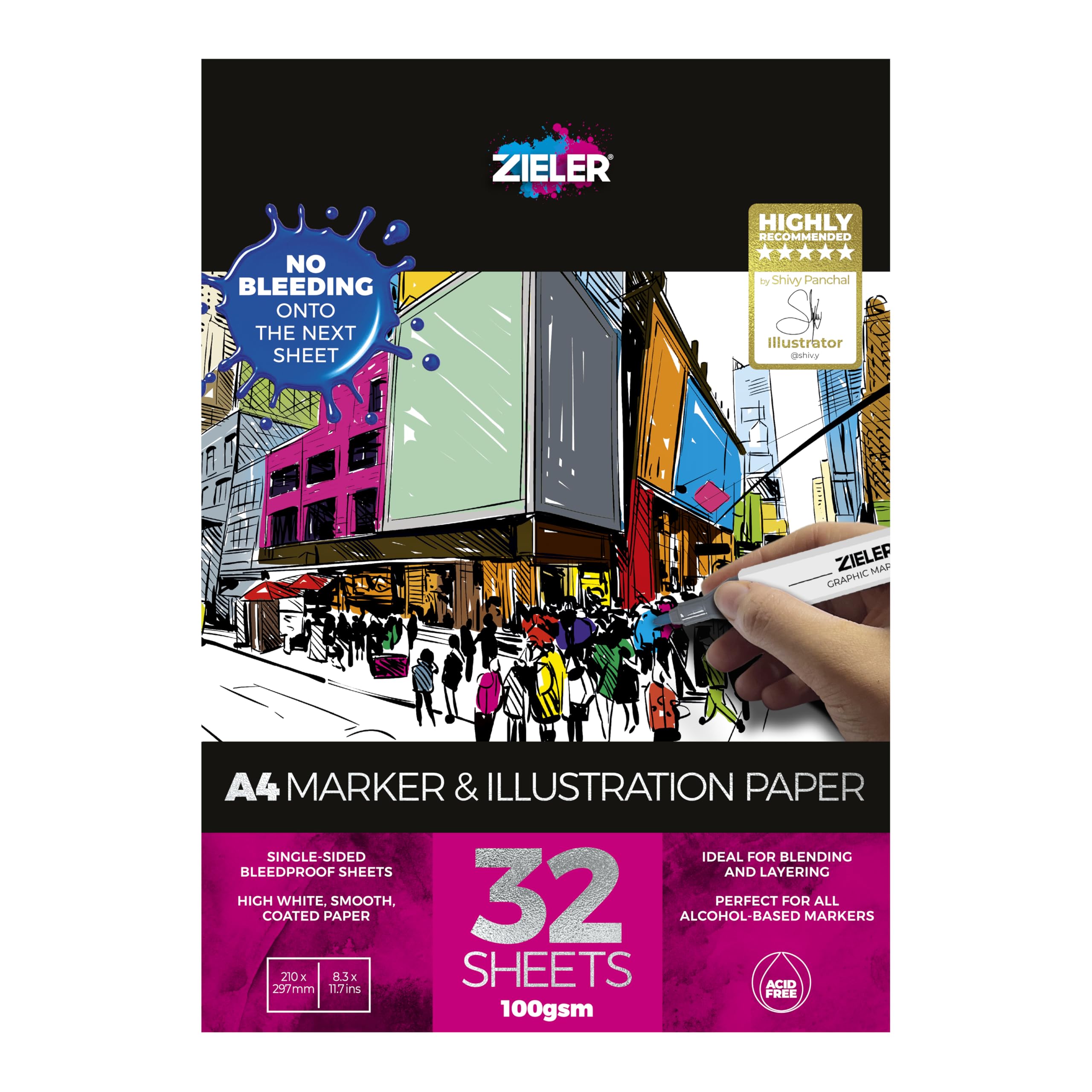 Artists Marker & Illustration Pad | A4 | 100gsm | 32 Sheets of Ultra Smooth, Coated, High-White Paper | Bleedproof - by Zieler®.