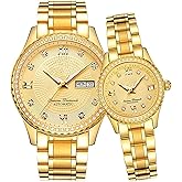 SENRUD Couples Automatic Self-Wind Watches Calendar Date Luxury Stainless Steel Men and Women Pair Watches His and Hers Automatic Watch Gifts Set of 2