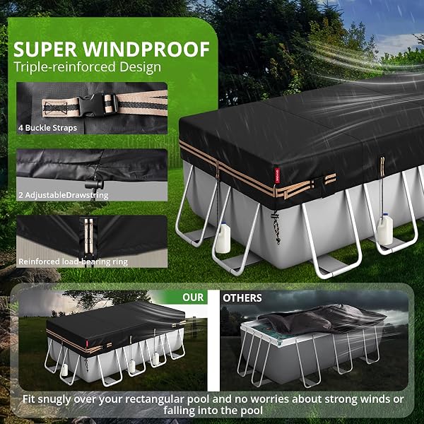 QH.HOME 7X13 FT RECTANGULAR POOL COVER FOR BESTWAY/INTEX/COLEMAN FRAME RECTANGULAR POOL, [EXCELLENT WINDPROOF ] WITH ADJUSTABLE BUCKLE STRAPS & DRAWSTRING HEM. [DURABLE, TEAR RESISTANT]