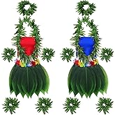 16 Pcs/2 Set Halloween Hawaiian Women Costume Hula Leaf Skirt with Tank Top Flower Necklace Leis Luau Party Duo Costumes