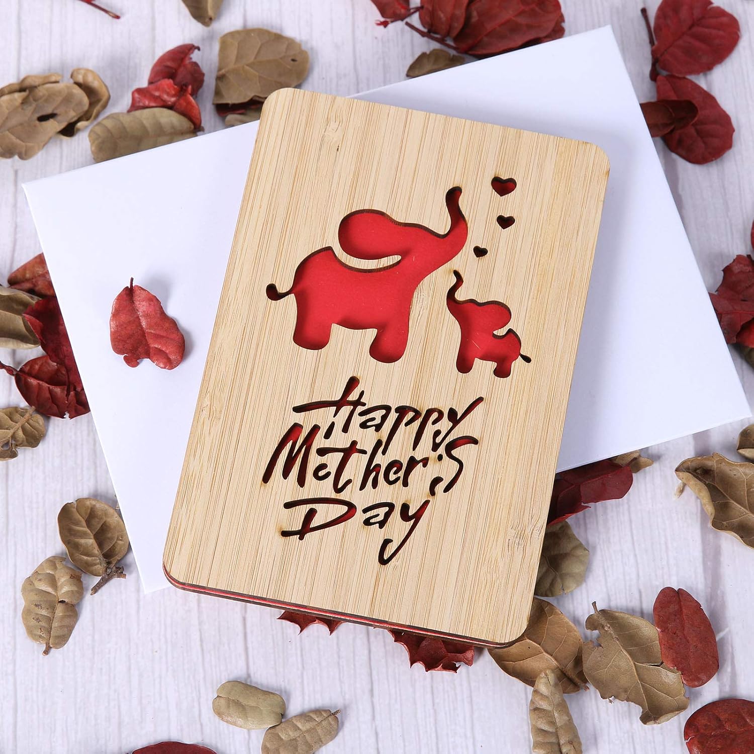Elephant Mother's Day Card,Handmade with Real Bamboo Wooden Mother's Day Gifts for Mum,Wife,Wood Mom Birthday Card from Daughter - Image 3