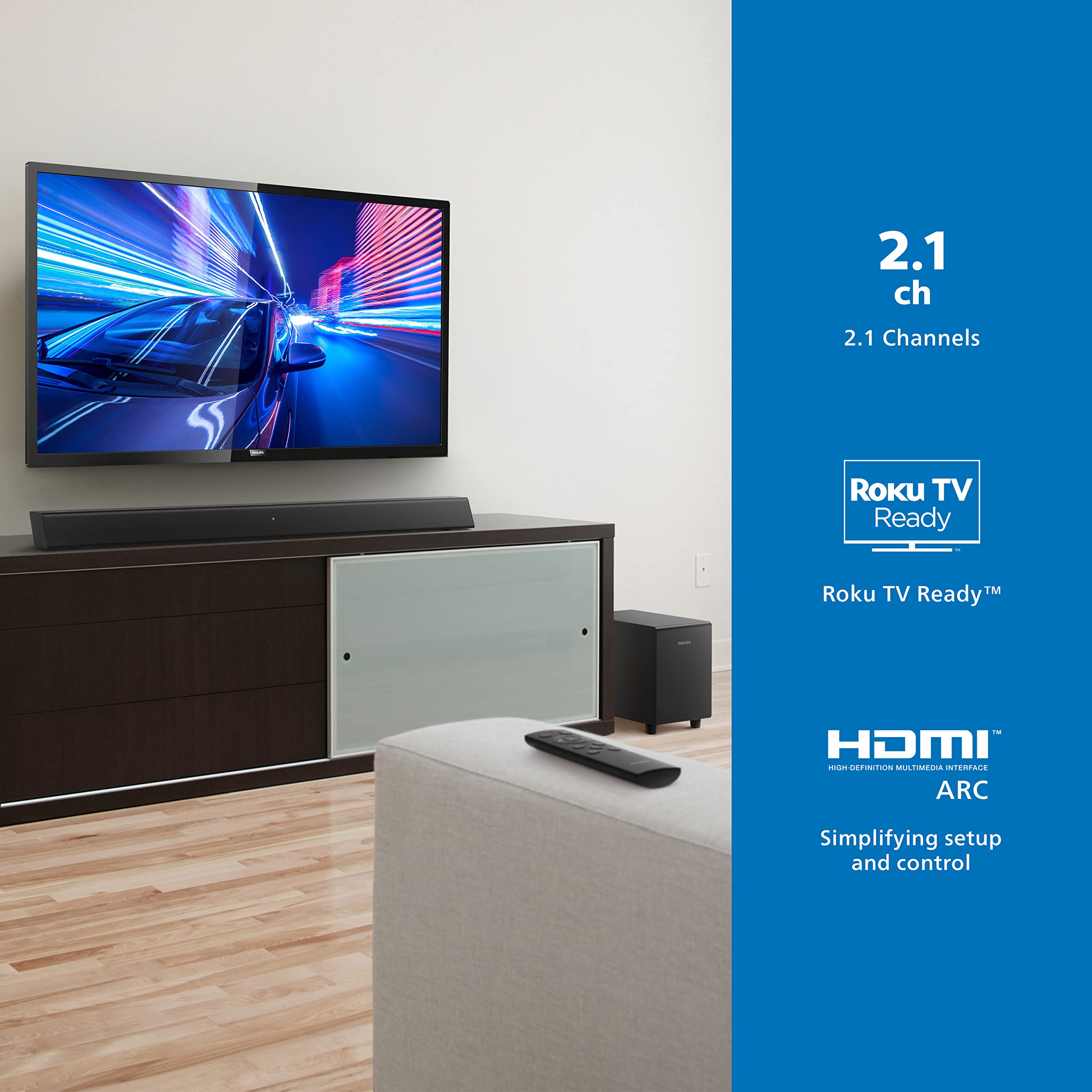 PHILIPS B5306 2.1-Channel Soundbar with Wireless Subwoofer & Roku TV Ready, Black