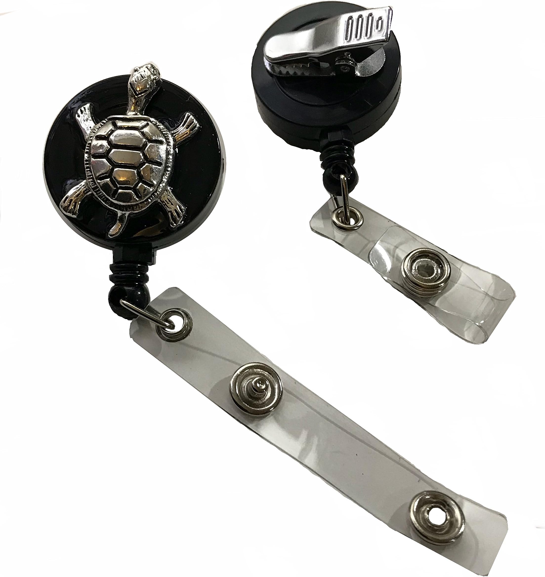 Raised Box Turtle Antique Silver hue Pewter on Badge Reel Holder Alligator Swivel Clip Retractable