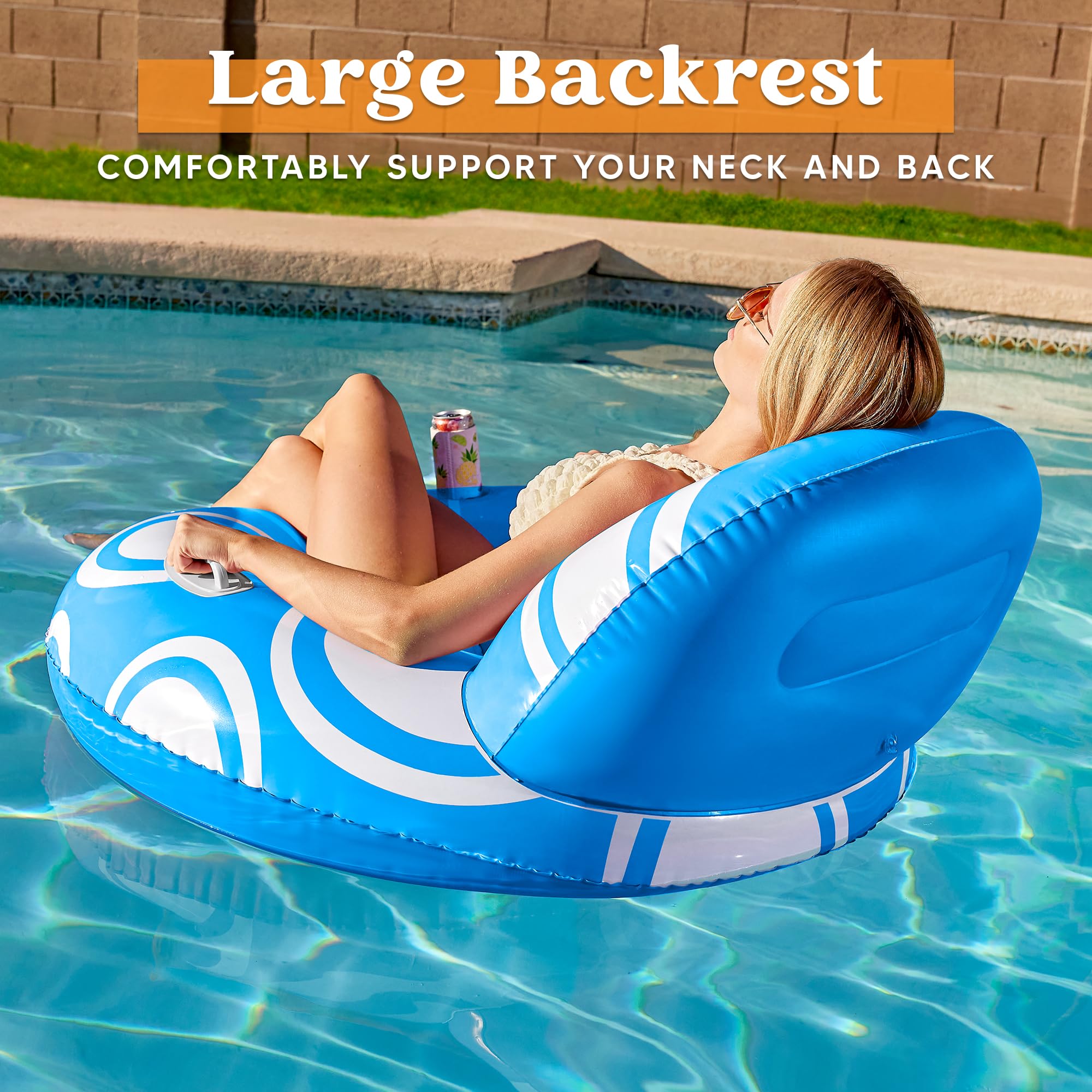 Sloosh Inflatable Pool Floats Lounger - Pool Floaties Blow Up Air Sofa Floating Chair with Big Backrest, Heavy Duty River Tubes Summer Lake Beach Water Float Raft Floaty for Adults (Blue White)