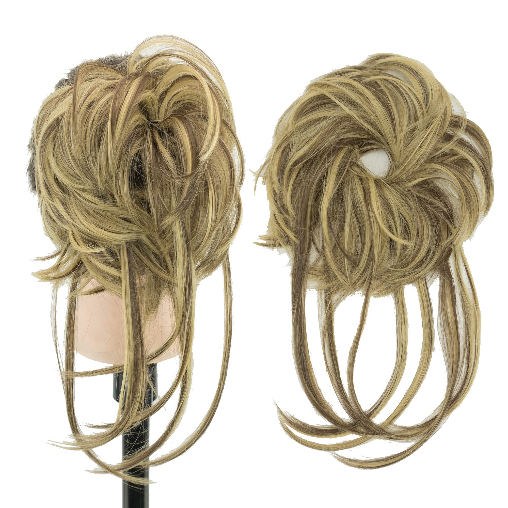 IMISSU 2PCS Messy Hair Bun Piece Updo Long Scrunchies Wrap Ponytail Extension Wavy Hairpieces Chignon Headband (2PCS Light Brown Blonde)