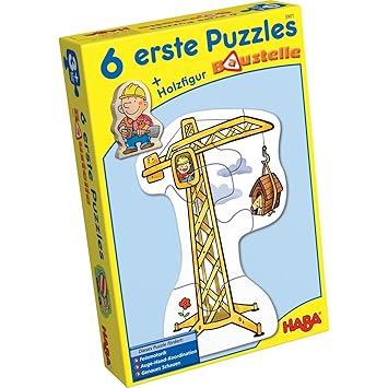 Haba 3901 - 6 erste Puzzles Baustelle, Puzzle mit 6 lustigen Baustellenmotiven für Kinder ab 2 Jahren, mit Bauarbeiterholzfig