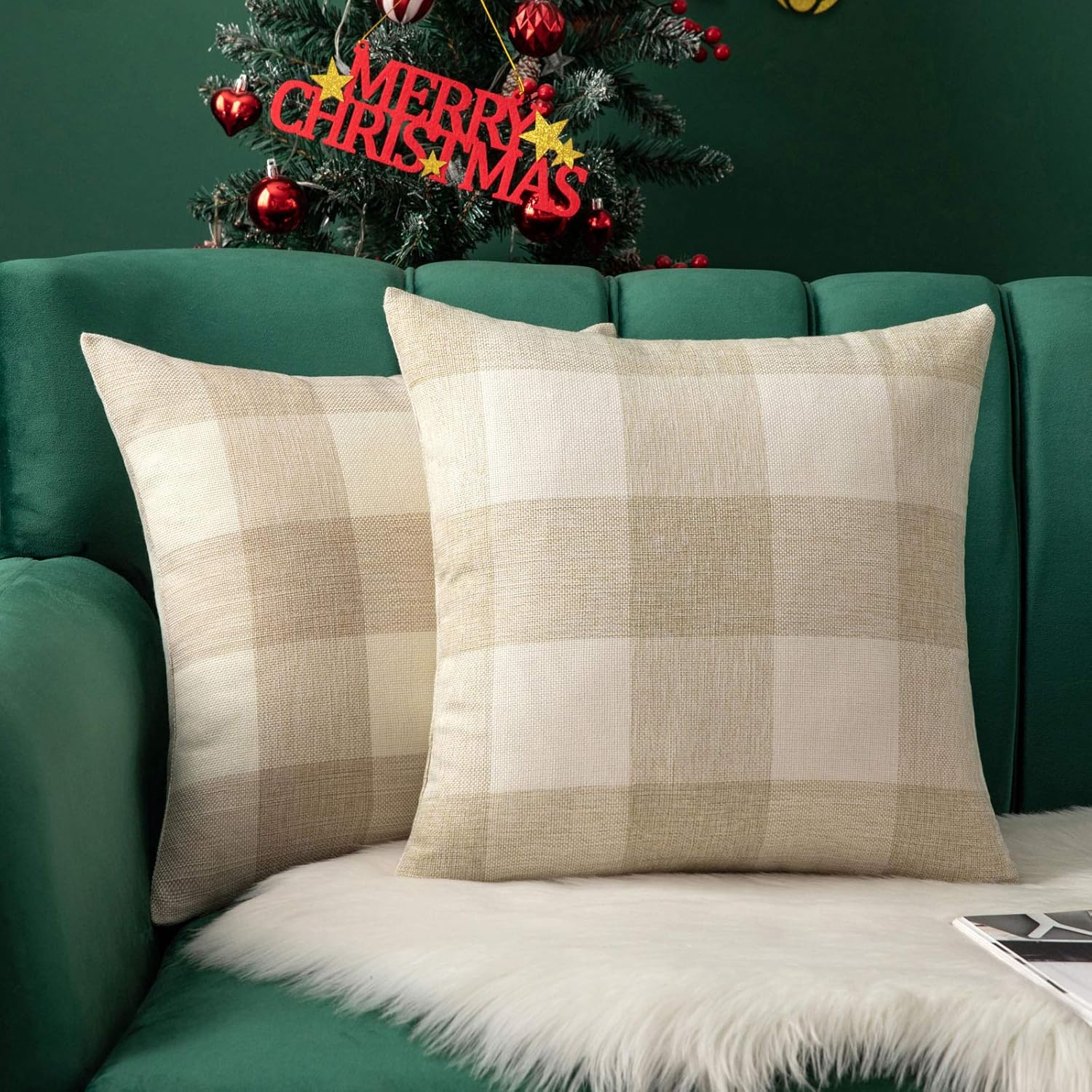 MIULEE Pack of 2 Retro Checkers Plaids Cotton Linen Soft Soild Decorative Square Throw Pillow Covers Home Decor Design Set Cushion Case for Sofa Bedroom Car 18x18 Inch Cream White and White: Home & Kitchen
