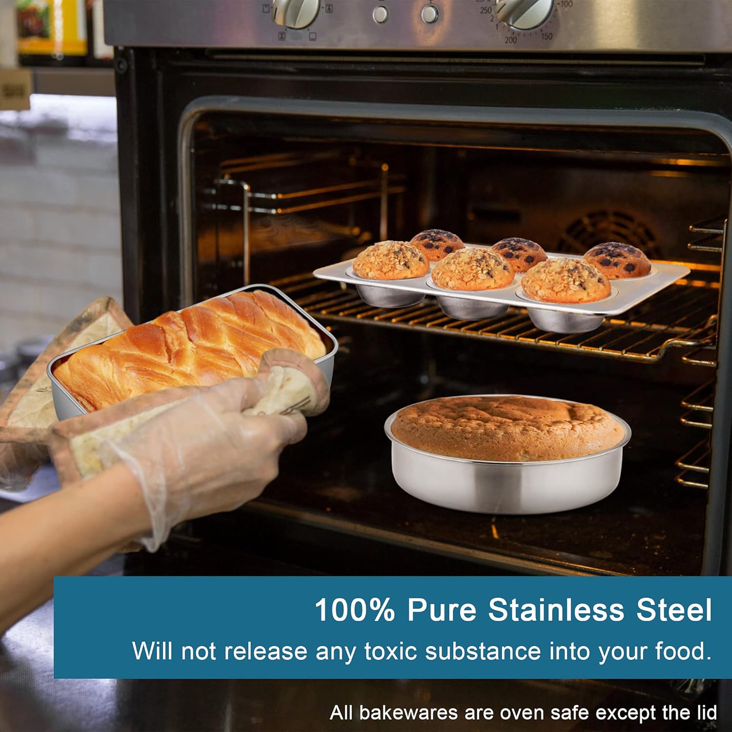 6-Piece Bakeware Kitchen Set, P&P CHEF Stainless Steel Bakeware Pans Sets, Including Baking Pan/Round Cake Pan/Muffin Pan/Loaf Pan/Deep Lasagna Pan & Lid, Non-toxic & Durable, Dishwasher Safe: Kitchen & Dining