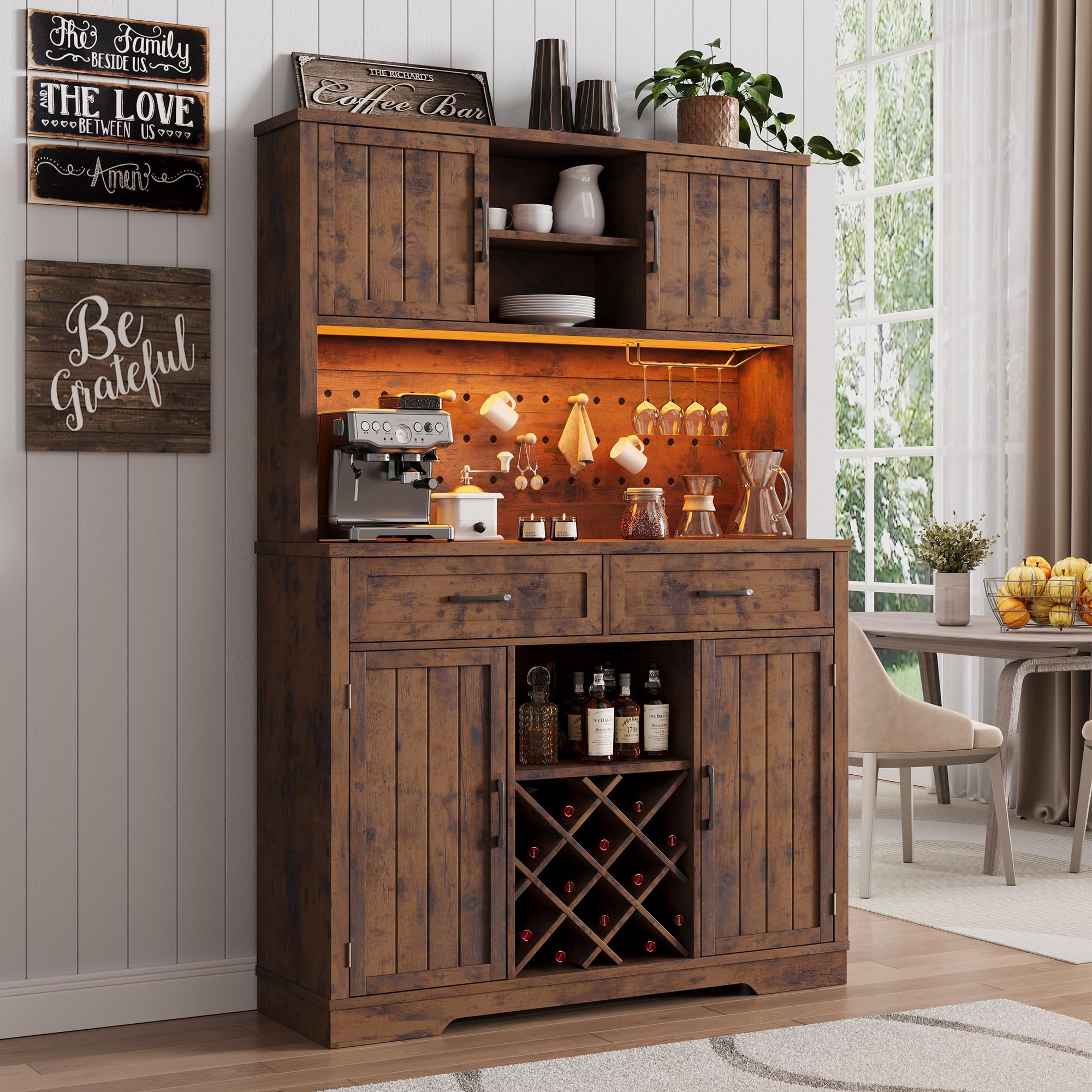 Photo 1 of ***SEE NOTES***
72" Coffee Bar Cabinet with Power Outlet & LED Light, Farmhouse Large Kitchen Hutch with Sliding Barn Door, Tall Bar Cabinets with Storage Drawers & Wine Glass Rack,Pantry China Cabinet,Vintage Brown