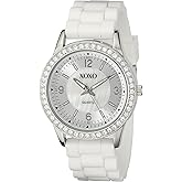 XOXO Women's Rhinestone Bezel Watch with White Silicone Strap, Mother-of-Pearl Sunray Dial, Quartz Movement, 40mm Stainless Steel Case, Fits Wrists 5.5" to 8"