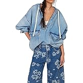 loveimgs Women Casual Denim Shirt Hoodies Pullover Oversized Jean Jacket Sweatshirt Long Sleeves Half Zip Western Blouse Top