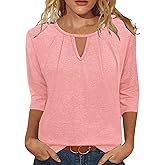 JomeDesign 3/4 Length Sleeve Womens Tops Round Neck Casual Tunic Tops Basic Pleated Summer Shirts Loose Fit 2025