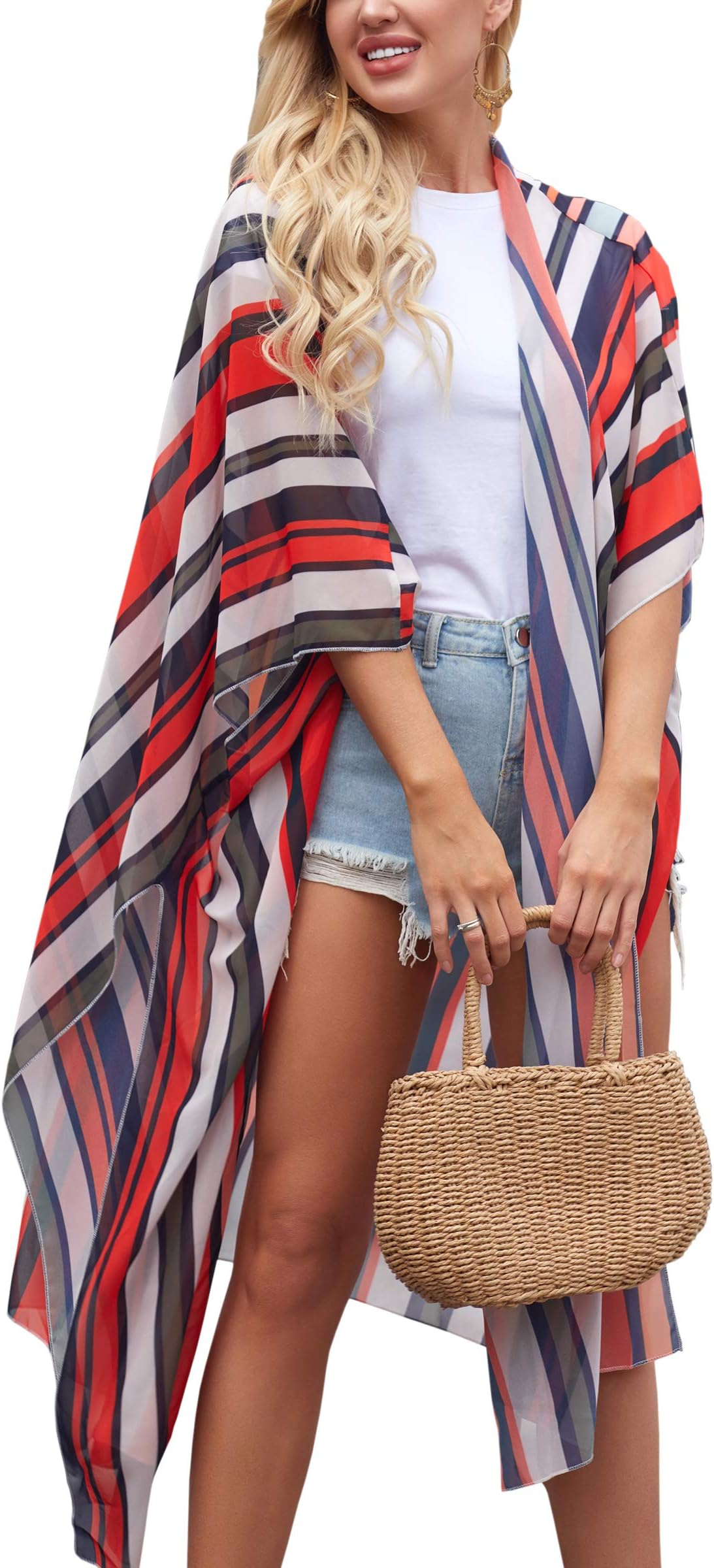 Hibluco Women's Sheer Chiffon Floral Kimono Cardigan Long Blouse Loose Tops Outwear