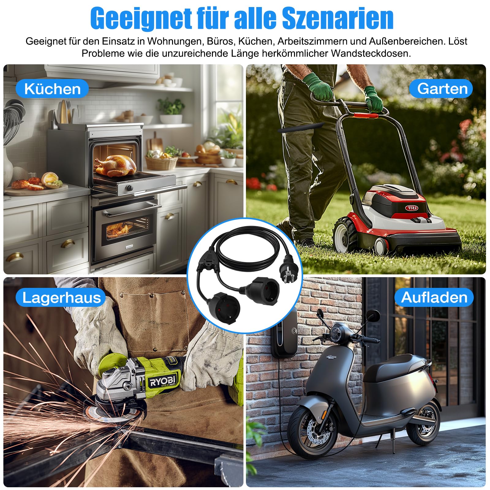 Verlängerungskabel Doppelstecker für Steckdose 2m, Schuko Mehrfachstecker 2 Fach Steckdosen 2er Steckdosenadapter 3680W Verlängerung Doppelsteckdose Außen für Zuhause, Büro Außenbereich Schwarz 7