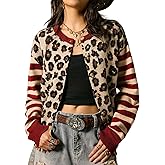 Charfille Women Sweaters Cardigan Leopard Print Striped Color Block Round Neck Drop Shoulder Long Sleeves Button Knited Top (1-Red, M)