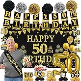 Trgowaul 50th Birthday Decorations for Men Women, 22pcs Black Gold Birthday Party Supplies, Banner, Hanging Swirl Flag, 50th Sash&Pompoms, Balloons, 50 Year Old Party Decorations Set