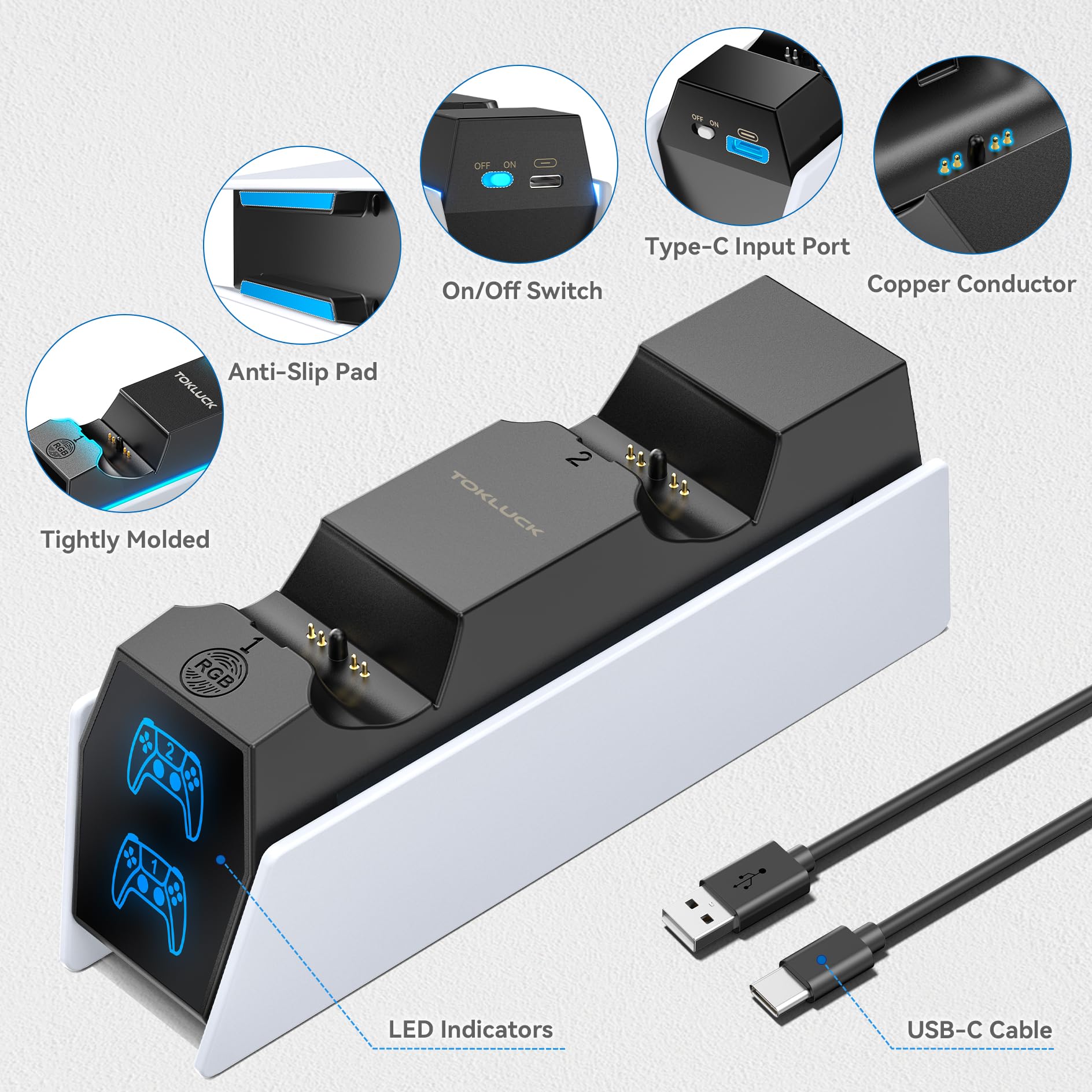 Tokluck PS5 Controller Ladestation, RGB PS5 Zubehör Ladestationen für PS5 Controller & Edge Controller, PS5 Charging Station Schnellladung für PlayStation 5 Dualsense 5