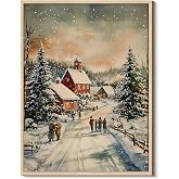 Vintage Winter Snowy Village Christmas Framed Canvas Wall Art, 12x16 Inch Cozy Family Walking Snow Road Landscape Painting, Rustic Farmhouse Living Room Bedroom Entryway Home Holiday Decor